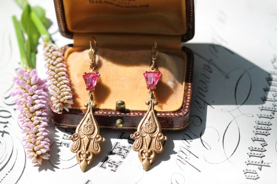 Vintage Victorian Earrings, Pink Crystal Earrings… - image 4