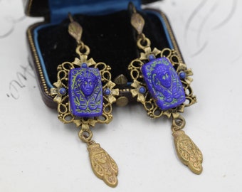 Gold Filigree Egyptian Earrings, Egyptian Jewelry, Blue Pharaoh Dangle Earrings, Best Friend Gift, Victorian Celestial earrings, Homemade Je