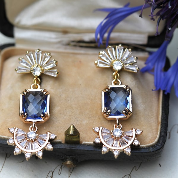 Blue Bridal Earrings, Art Deco Fan Earrings, Dainty Sapphire Earrings, Something Blue Earrings, Bridesmaid Gifts, Mother of the Bride
