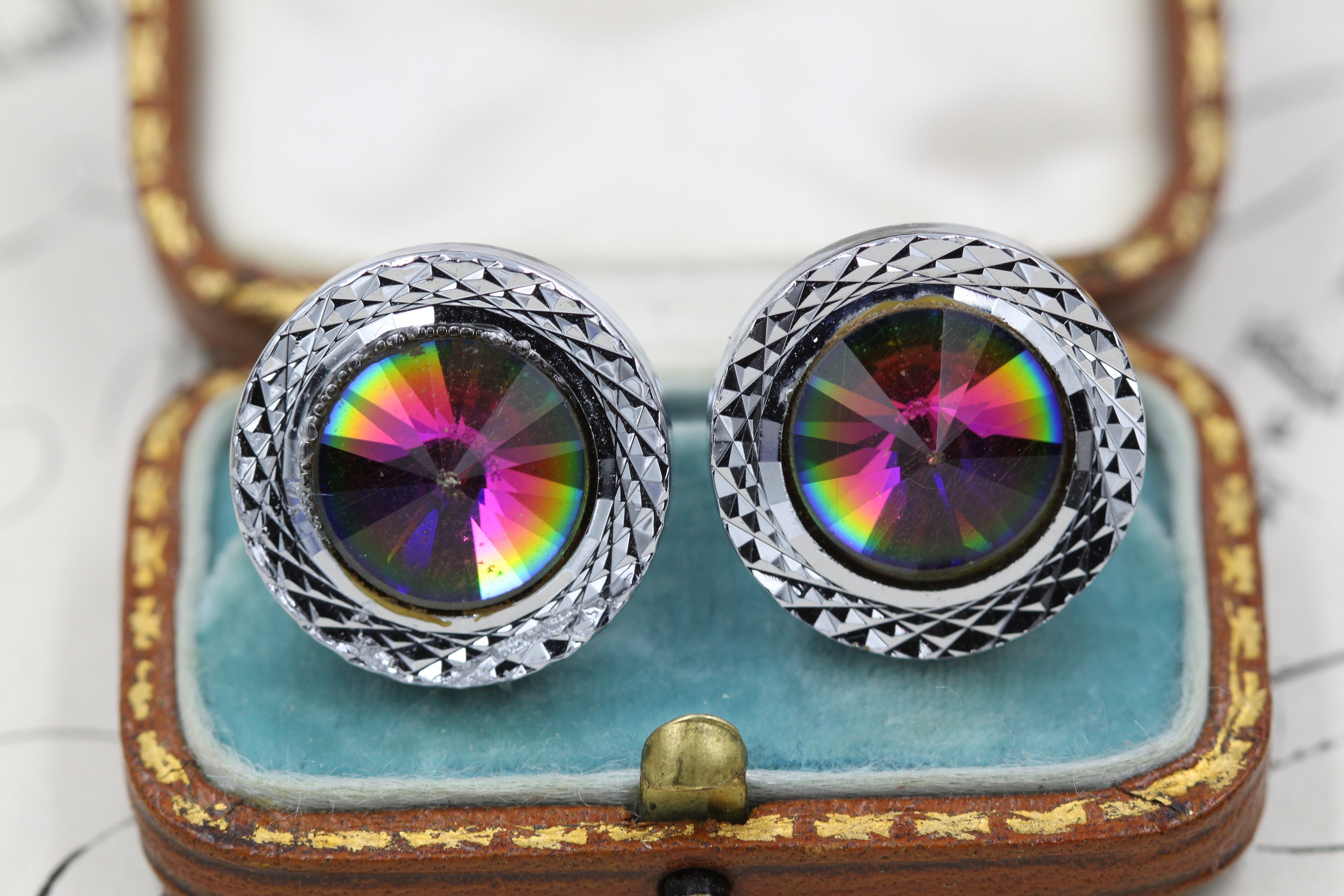 Boutons De Manchette Vintage En Métal Argenté Avec Rhinestones - Motif Pastèque, Occasion