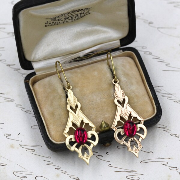 Art Deco Dagger Earrings, Gold Geometric Dangle Earrings, 1950s Red Glass Earrings, Cute Vintage Earrings, Filigree, Letter Box Gift