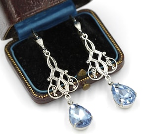 Vintage Victorian Earrings, Aquamarine Bride Bridal Earrings, Something Blue Earrings, Silver Dangle Earrings, Bridgerton, Art Deco Jewelry