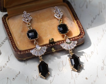 Long Black Earrings, Art Deco Earrings, 1920s Crystal Earrings, Boho Bridal Earrings, CZ Bridesmaid Earrings, Geometric Fan Earrings, Gatsby