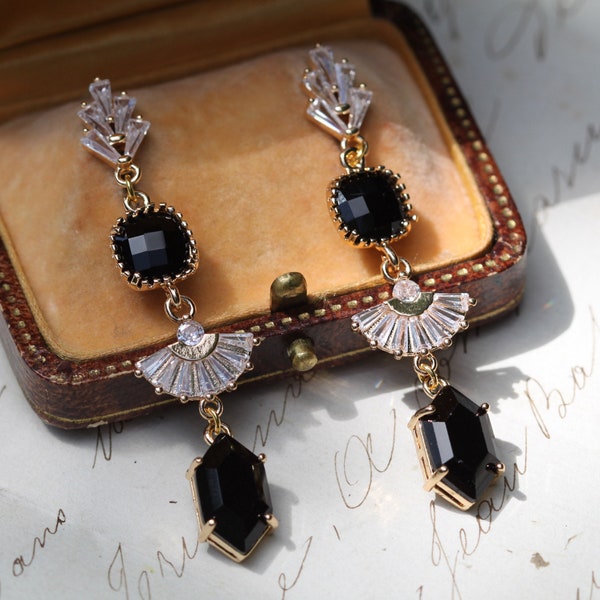 Long Black Earrings, Art Deco Earrings, 1920s Crystal Earrings, Boho Bridal Earrings, CZ Bridesmaid Earrings, Geometric Fan Earrings, Gatsby