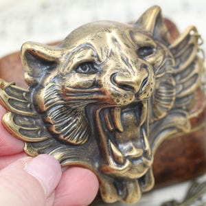Statement Tiger Necklace, Mens Chunky Necklace, 40th 50th Birthday Gift, Cat Lover Gift, Art Deco Jewelry, Unique Wing Necklace, Cable Chain