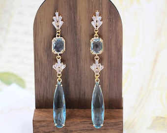 Art Deco Turquoise Teardrop Statement Earrings, Extra Long Aquamarine Crystal Dangle Jewelry