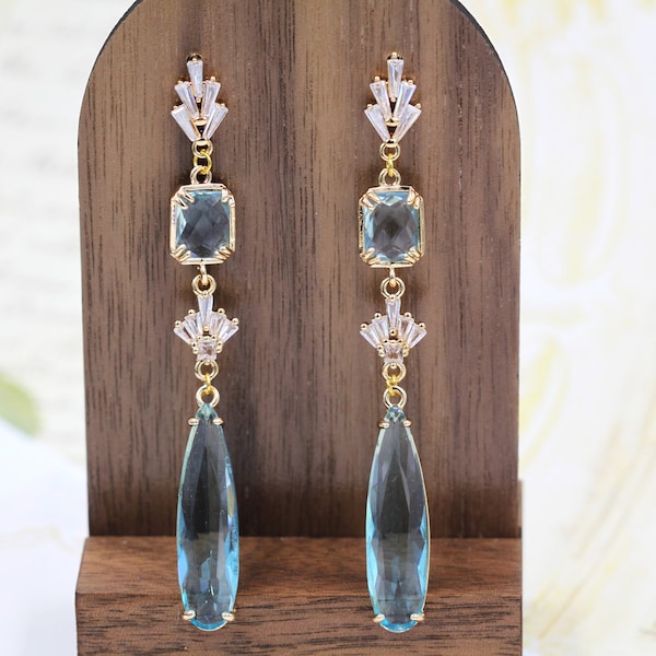 Art Deco Turquoise Earrings, Extra Long Aquamarine Earrings, Statement Blue Crystal Dangle Earrings, Bridesmaid, Antique Art Deco Jewelry