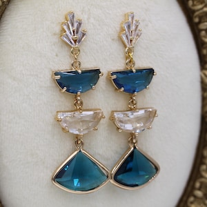 Teal Blue Gold Art Deco Earrings: 1920s Geometric Bridal Jewelry