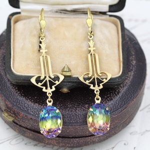 Art Deco Earrings, Rainbow Glass Earrings, Mother of the Bride, 1920s Suffragette Jewelry, Best Friend Gift, Art Deco Jewelry, Gold Earrings