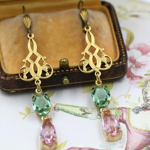 Pink Green Dangle Earrings, Coquette Summer Jewelry, Crystal Bride Earrings, Victorian Gold Earrings, Marie Antoinette Extra Long Earrings