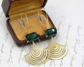 Geometric Statement Earrings, Big Emerald Green Dangle Earrings, Large Art Deco Fan Earrings, Oversized Gold Boho Earrings, 30th Birthday Gi