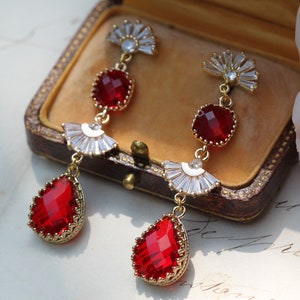 Art Deco Red Dangle Earrings, 1920s Gold Ruby Starburst Earrings, Statement Gatsby Earrings: Art Deco Wedding Bridal Jewelry