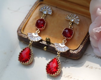 Pendientes rojos estilo Art Déco de los años 20, joyas nupciales con rubíes Gatsby, regalos para damas de honor