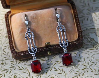 Pendientes vintage Art Déco de cristal rojo rubí, joyería nupcial de los años 20 para damas de honor.