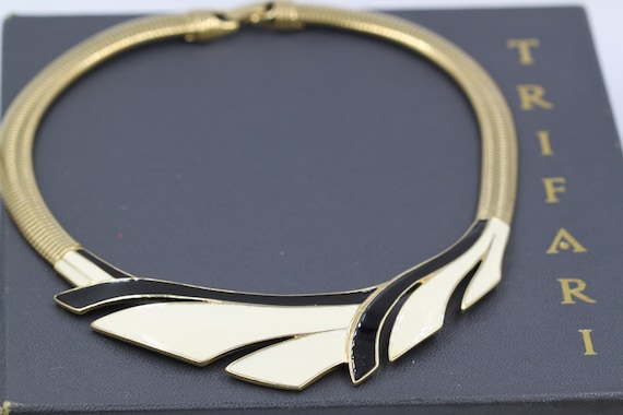 Trifari Black Enamel Gold Choker Necklace, Chunky… - image 1