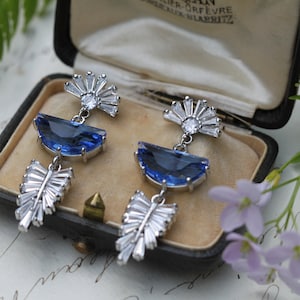 Sapphire Silver Art Deco Dangle Earrings, Starburst Baguette Wedding earrings, Something Blue Bridal Earring, Bride Gift Cottagecore Jewelry