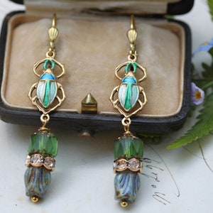 Whimsical Beetle Earrings, Gold Green Scarab Earrings, Fun Insect Earrings, Victorian Bohemian Jewelry, Bug Beetle Nature Earrings, Egyptian