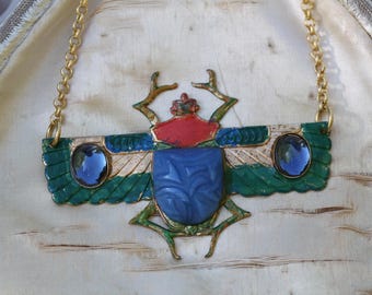 Vintage Egyptian Revival Scarab Necklace: Art Deco Blue Green Pendant