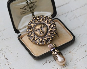 Gold Sun Pendant Necklace - Sunshine Pearl Drop Necklace - Boho Celestial Necklace - Art Nouveau Sunburst necklace - 30th Birthday Gift