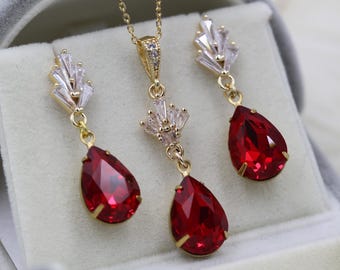 Pendientes Art Déco vintage en forma de lágrima roja: joyería nupcial de oro y cristal rubí