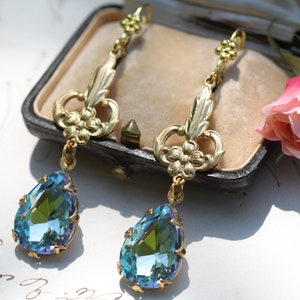 Aquamarine Crystal Earrings, Gold Flower Earrings, Something Blue, Statement Earrings, Art Nouveau Bride Earrings, Coquette Jewelry