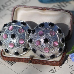 Vintage Brutalist Clip On Earrings: Silver Black Pink Cabochons