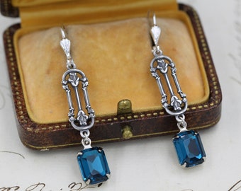 Vintage Art Deco Earrings, 1920s Teal Wedding Earrings, Silver Rose Drop Earrings, Mother of Bride, Blue Crystal Earrings, Art Deco Jewelry