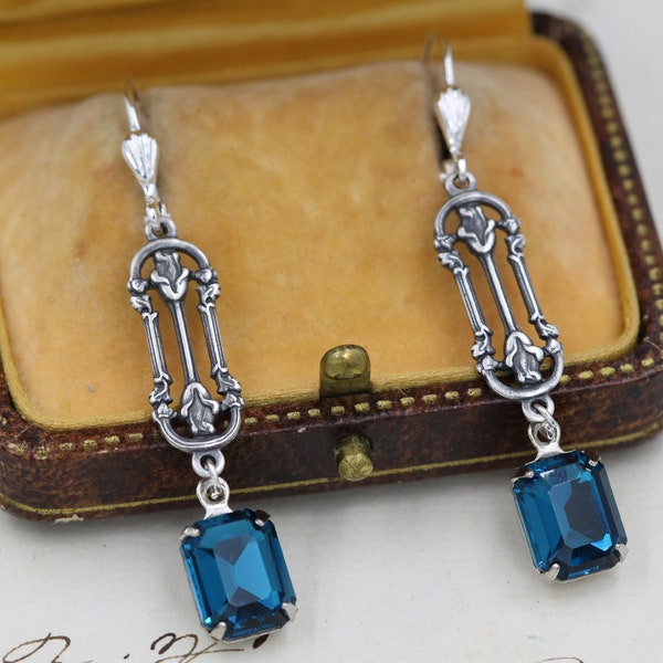 Vintage Art Deco Earrings, 1920s Teal Wedding Earrings, Silver Rose Drop Earrings, Mother of Bride, Blue Crystal Earrings, Art Deco Jewelry