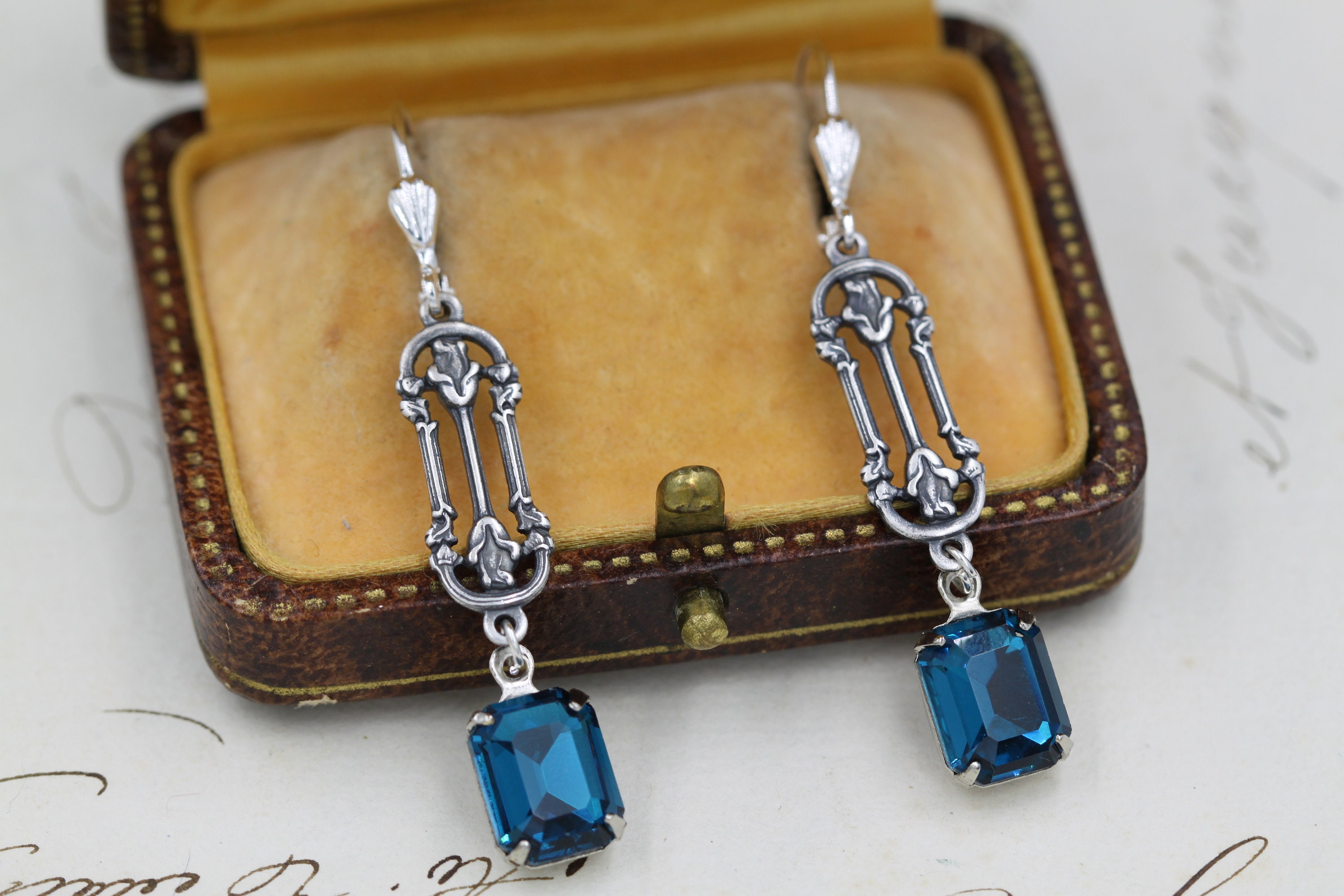 Vintage Art Deco Earrings, 1920s Teal Wedding Earrings, Silver Rose Drop Earrings, Mother of Bride, Dainty Blue Crystal Earring Deco Jewelry