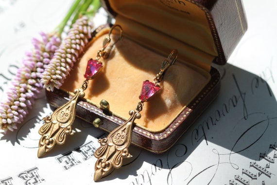 Vintage Victorian Earrings, Pink Crystal Earrings… - image 1
