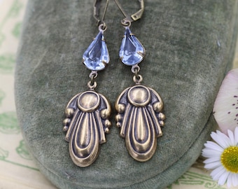 Regency Blue Crystal Dangle Earrings, Art Nouveau Bridal Jewelry