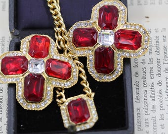 Red Vintage Swarovski Crystal Pendant and Statement Clip on Earring Jewelry Set