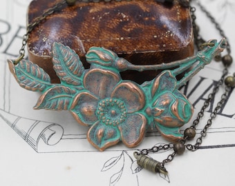 Art Nouveau Flower Necklace, Verdigris Bronze, Botanical Pendant