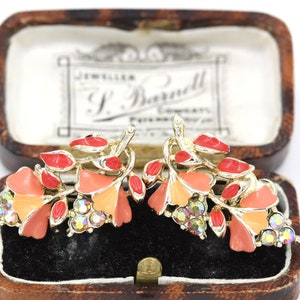 Jewelcraft Coro Clip on Earrings, Vintage Red Orange Enamel Leaf Earrings, Terracotta Wedding, Non Pierced Earrings, Vintage Jewelry
