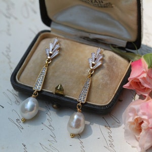 Art Deco Pearl Drop Earrings, Cubic Zirconia, 1920s Bridal Jewelry