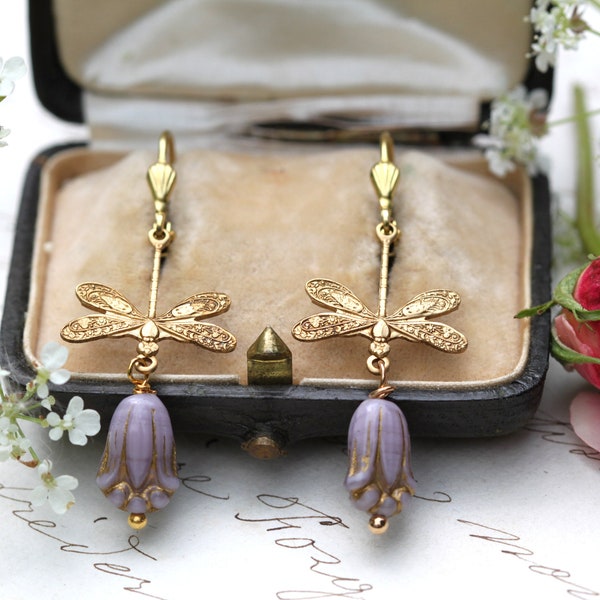 Victorian Moth Earrings, Art Nouveau Dragonfly Earrings, Tulip Flower earrings, Bridesmaid Gifts, Homemade Jewelry, Gold Nature Earrings