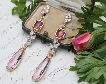 Art Deco Pink Glass Dangle Earrings, Rose Leaf Bridal Jewelry