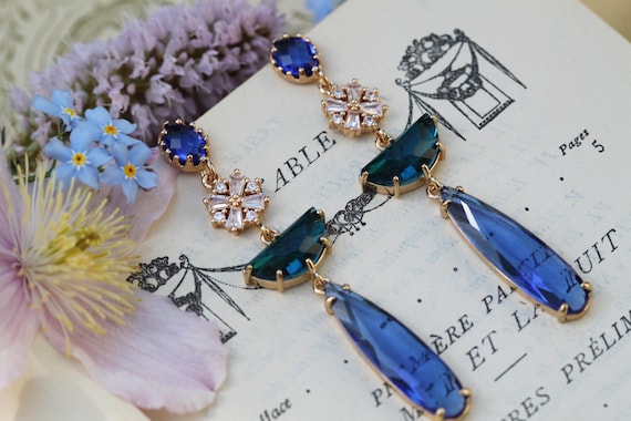 Blue Art Deco Statement Earrings Teal Blue And Sapphire Statement