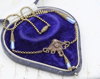 Antique Mucha Goddess Necklace, Czech Blue Drop Necklace, Fairy Angel Necklace, Cute Bridal necklace, Best Friend Necklace, Nouveau Jewelry