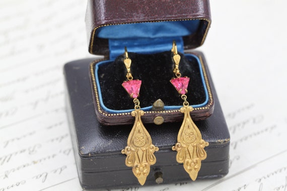Vintage Victorian Earrings, Pink Crystal Earrings… - image 6