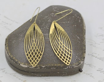 Large Gold Leaf Earrings, Geometric Statement Earrings, Art Deco Earrings, Gold Dangle Earrings, Art Nouveau Bride Earring, Best Friend Gift