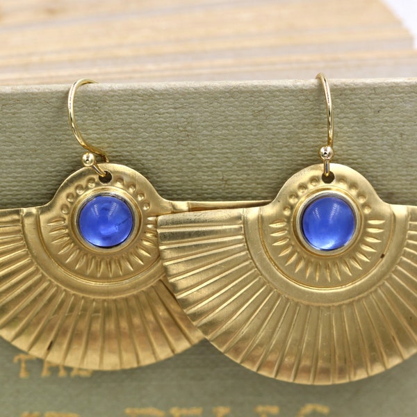 Statement Gold  Fan Earrings, Art Deco Starburst Earrings, Blue Geometric Earrings, Egyptian Earrings Jewelry, 1920s Art Deco Jewelry