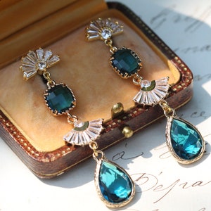 Teal Blue Earrings, Vintage Art Deco Earrings, 1920s Sparkly Wedding Earrings, Statement Fan Earrings, Bridesmaid Gifts, Coquette Jewelry