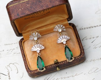 Art Deco Fan Earrings, Emerald Green Teardrop Earrings, Bride Bridal Earrings, Bridesmaid Earrings, Mother of the Bride, Art Deco Jewelry