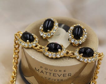 Vintage Art Deco Schwarz Gold Halskette Clip On Ohrringe, Swarovski Kristall Brautschmuck Set