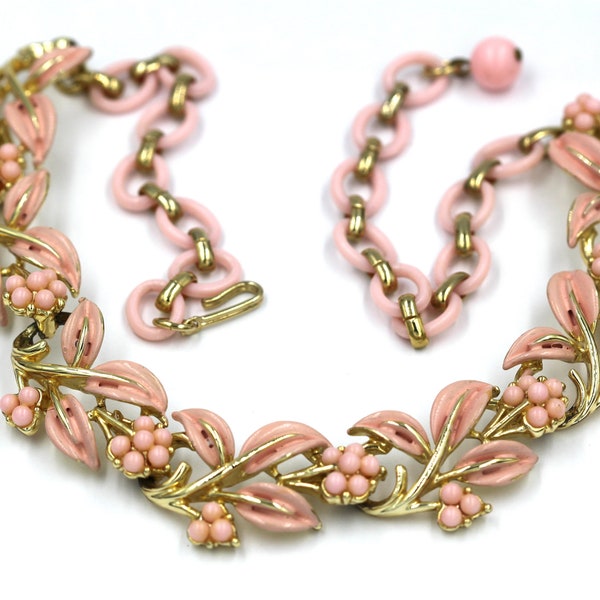 Coro Jewelry, Vintage 1950s Leaf Necklace, Pink Bride Bridal necklace, Flower Girl Necklace, Bridesmaid Gifts Necklace, Retro Bridal Jewelry