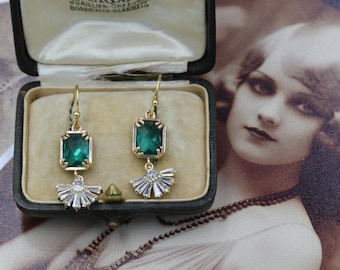 Art-deco smaragdgroene sierlijke baguette-oorbellen, Flapper Gatsby-bruidssieraden uit de jaren 1920