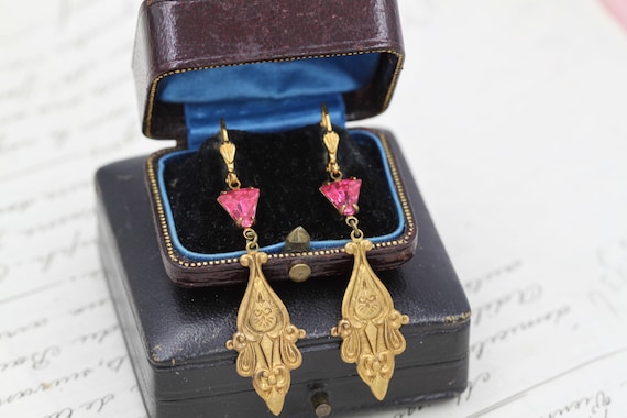 Vintage Victorian Earrings, Pink Crystal Earrings… - image 7