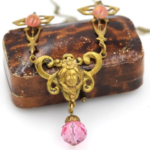 Angel necklace, Angel Pendant, Victorian Necklace, Art Nouveau Necklace, Pink Crystal necklace, Downton Abbey, Bridgerton
