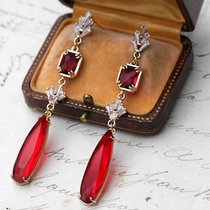 Red Art Deco Teardrop Earrings, Statement Red Crystal Wedding Earrings, 1920s Ruby Sparkly Dangle Bridal Bridesmaid Earrings, Deco Jewelry